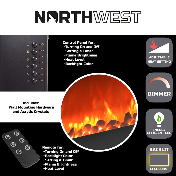 Northwest Electric Fireplace Wall Mounted 30.5 Inch Remote Adjustable Heat Mahogany Image 3