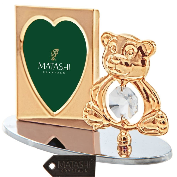 24k Gold Plated Picture Frame Desk Set with Crystal Decorated Teddy Bear Figurine on a Silver Base by Matashi Image 1