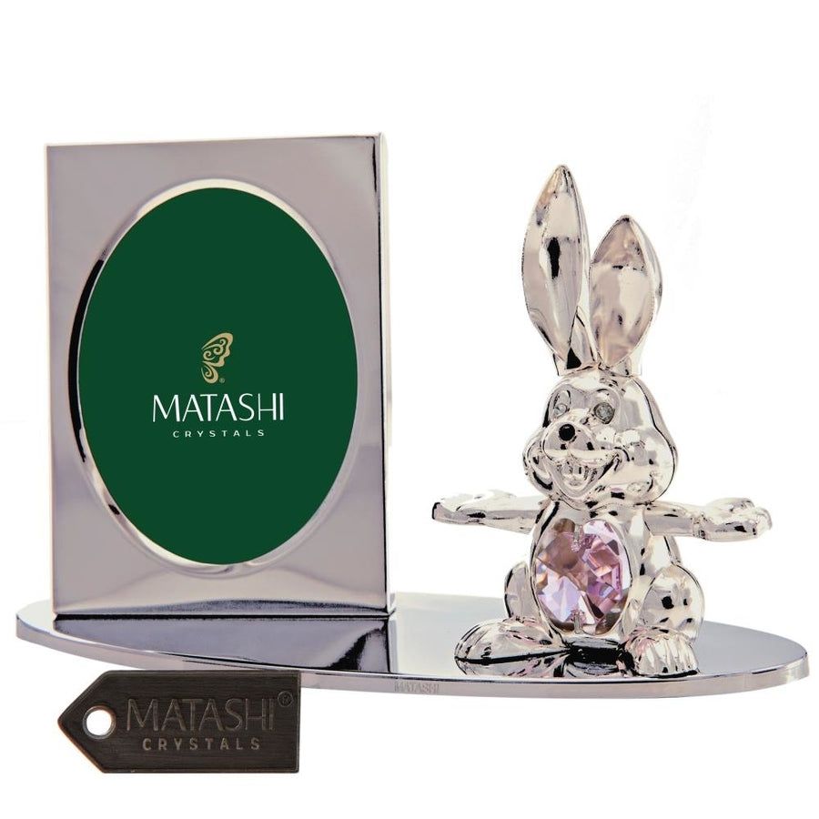 Silver Plated Picture Frame with Crystal Decorated Cartoon Bunny Figurine on a Base by Matashi Image 1