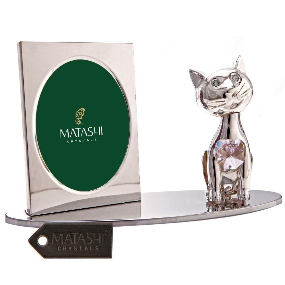 Silver Plated Picture Frame with Crystal Decorated Cartoon Cat Figurine on a Base by Matashi Image 1