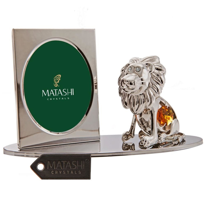 Silver Plated Picture Frame with Crystal Studded Cartoon Lion Figurine on a Base by Matashi Image 1