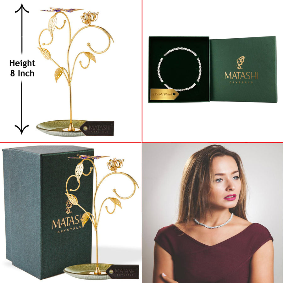 24k Gold Plated Jewelry Stand Elegant Floral and Butterfly Design and 16" Rhodium Plated Necklace by Matashi Image 1