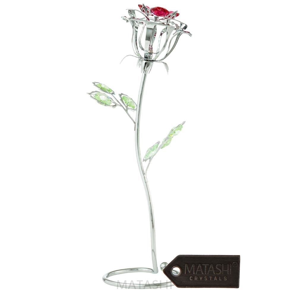 Chrome Plated Silver Rose Flower Tabletop Ornament w/ Red and Green Crystals and 16" Rhodium Plated Necklace by Matashi Image 2