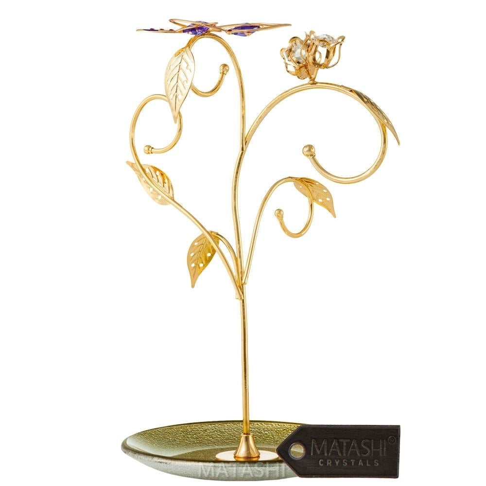 24k Gold Plated Jewelry Stand Elegant Floral and Butterfly Design and 16" Rhodium Plated Necklace by Matashi Image 2