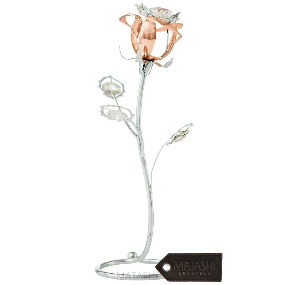 Chrome and Rose-Gold Plated Rose Flower Tabletop Ornament w/ Clear Crystals and 16" Rhodium Plated Necklace by Matashi Image 2