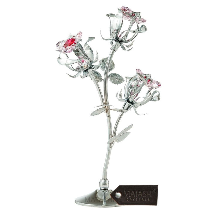 Chrome Plated Silver Rose Flower Tabletop Ornament w/ Red and Pink Crystals with Rhodium Plated Necklace with Flowers Image 2