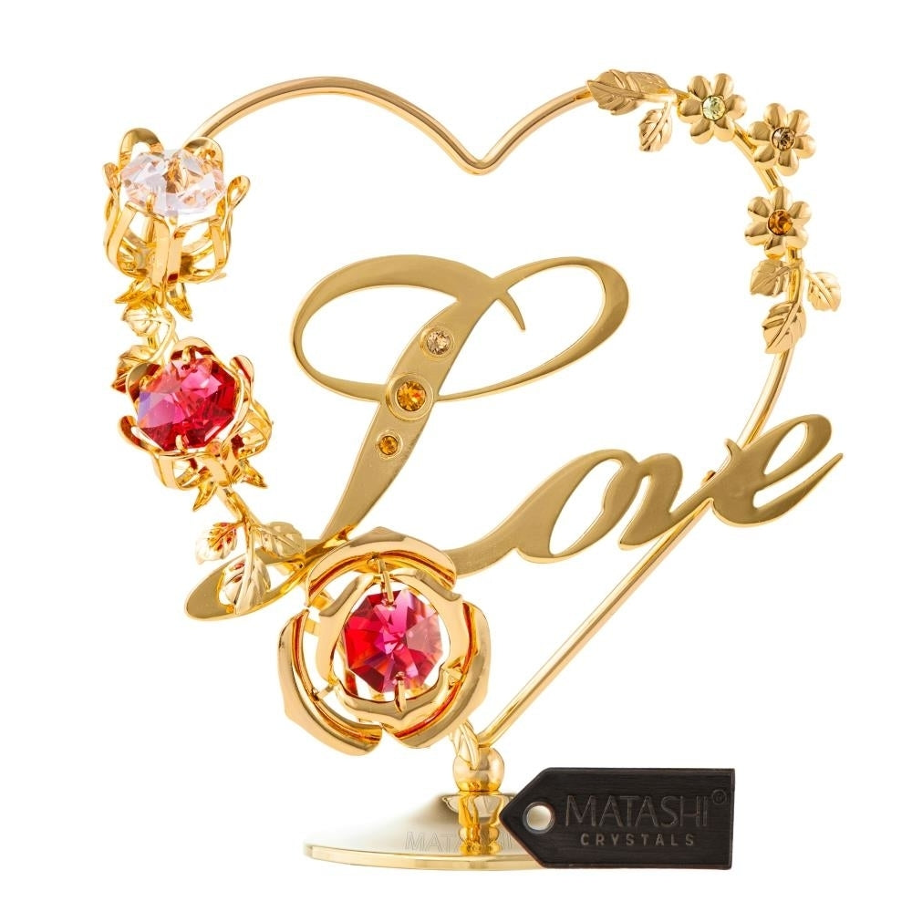 24k Gold Plated Love Table Top Ornament w/ Matashi Red/Pink Crystals Miniature Keepsake or Decoration Image 1