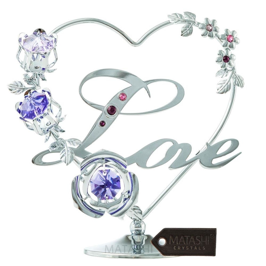 Chrome Plated Silver Love Table Top Ornament w/ Matashi Purple and Lavender Crystals Wedding Anniversary Birthday Image 1