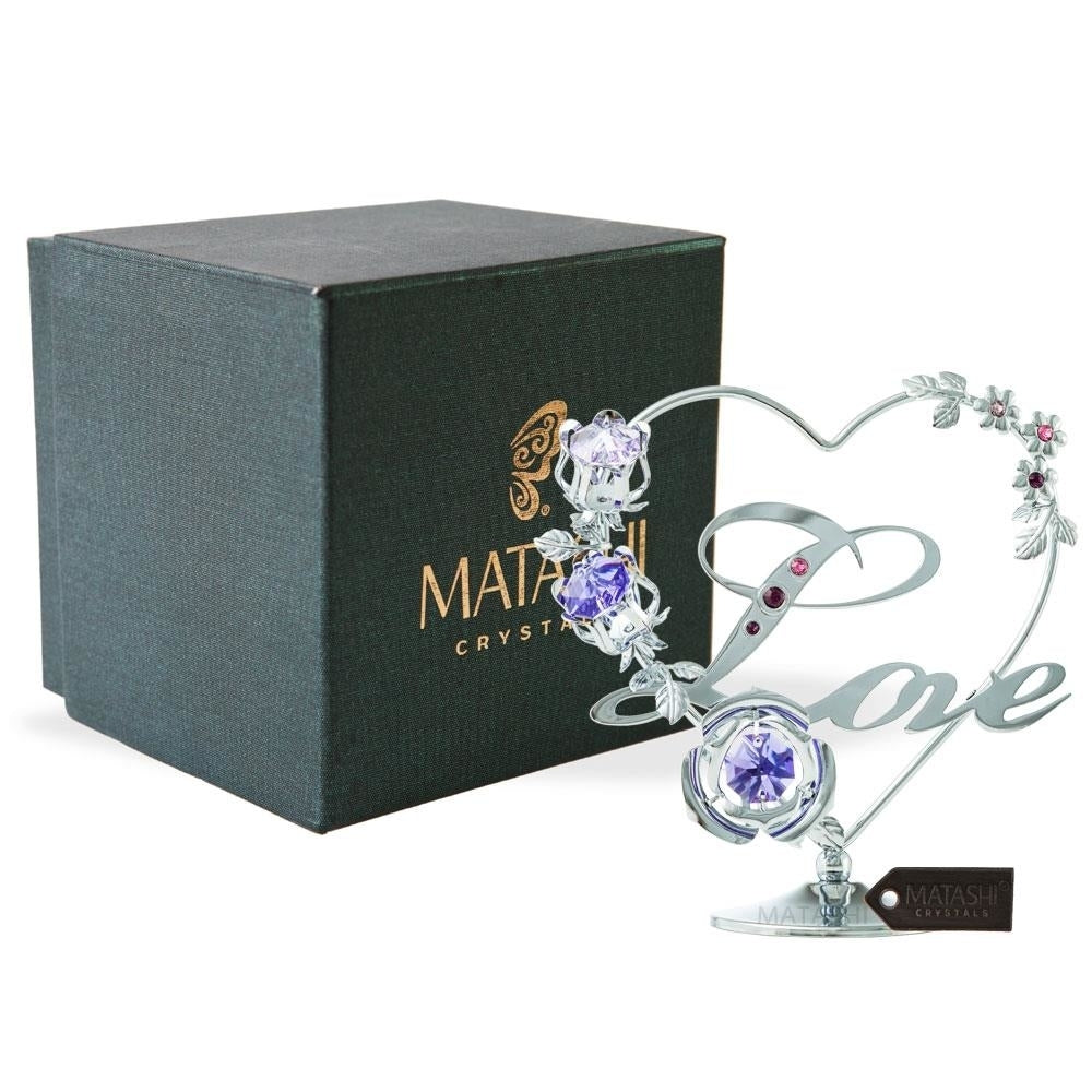 Chrome Plated Silver Love Table Top Ornament w/ Matashi Purple and Lavender Crystals Wedding Anniversary Birthday Image 2