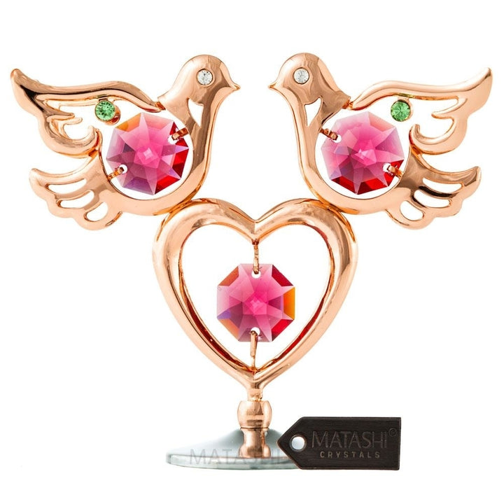 Rose Gold Plated Love Doves and Heart Table Top Ornament w/ Matashi Crystals Miniature and Memory Keepsake Image 1