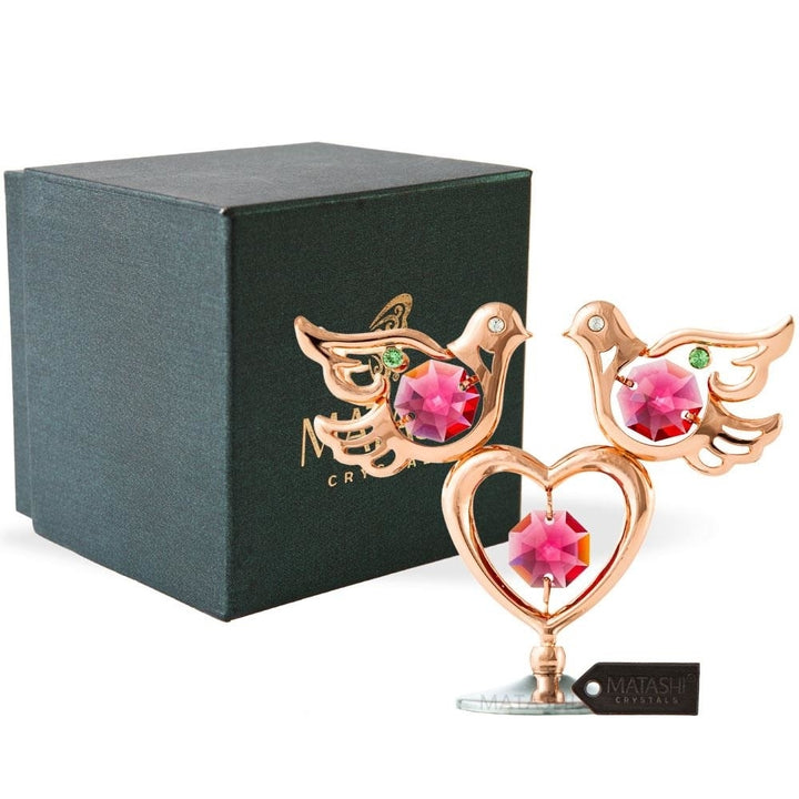 Rose Gold Plated Love Doves and Heart Table Top Ornament w/ Matashi Crystals Miniature and Memory Keepsake Image 2