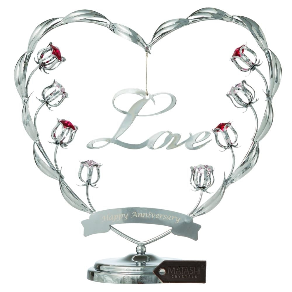 Chrome Plated Silver Happy Anniversary Table Top Ornament w/ Matashi Crystals Love Ornamental Keepsake and decor Image 2