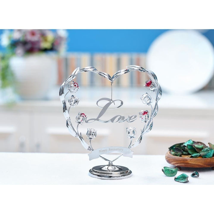 Chrome Plated Silver Happy Anniversary Table Top Ornament w/ Matashi Crystals Love Ornamental Keepsake and decor Image 4