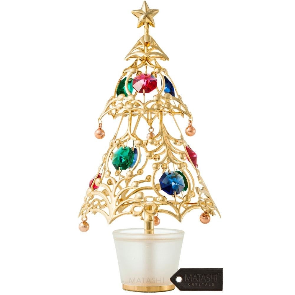 24k Gold Plated Christmas Tree Table Top Ornament with Multi Colored Crystals Image 1