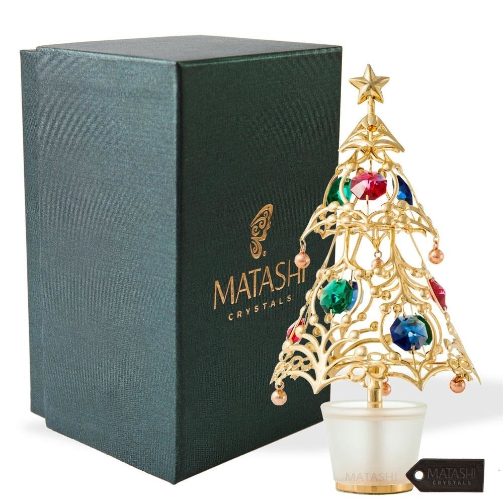 24k Gold Plated Christmas Tree Table Top Ornament with Multi Colored Crystals Image 2