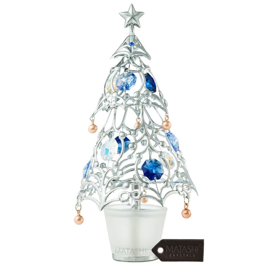 Chrome Plated Silver Christmas Tree Table Top Ornament with Blue and Clear Crystals Image 1