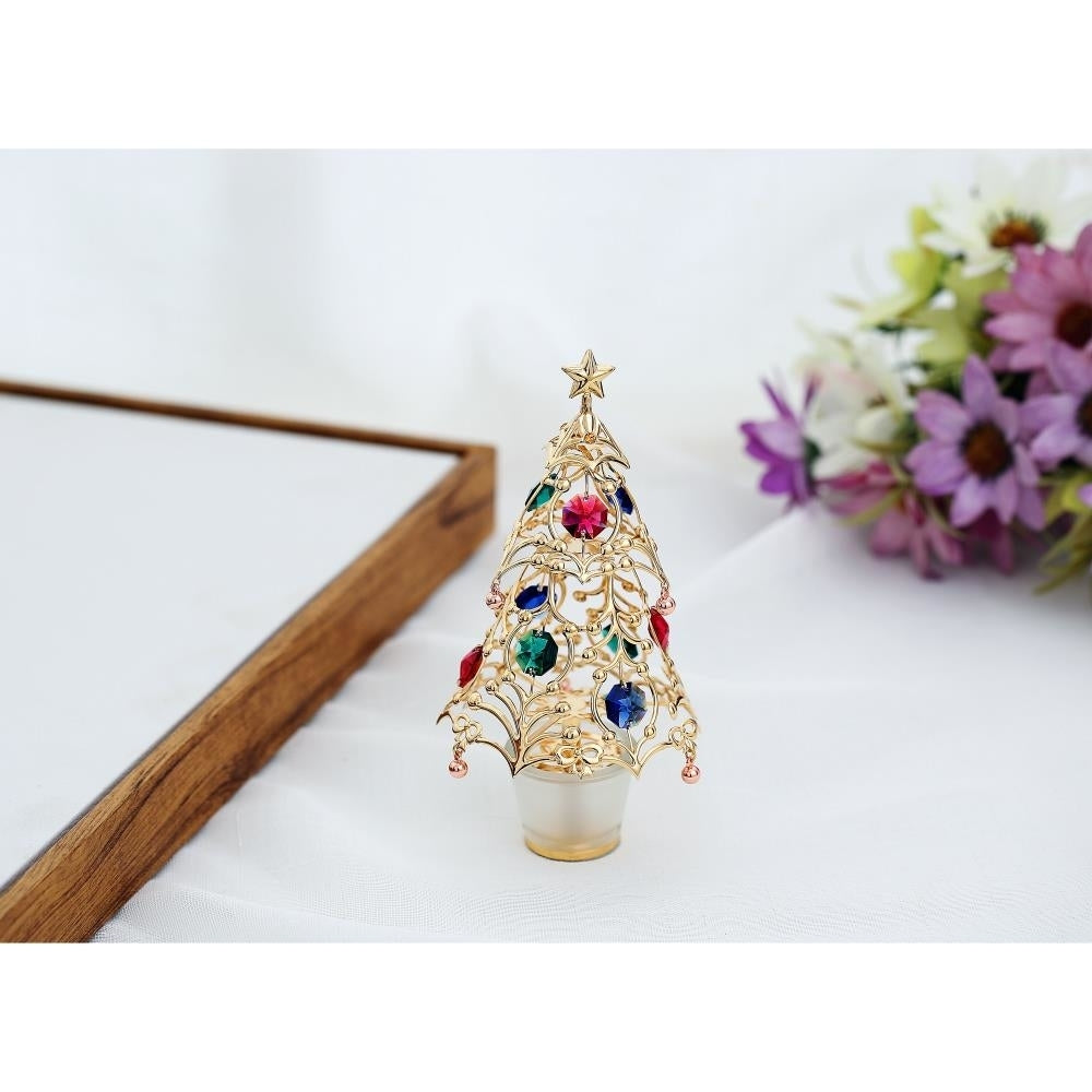 24k Gold Plated Christmas Tree Table Top Ornament with Multi Colored Crystals Image 3