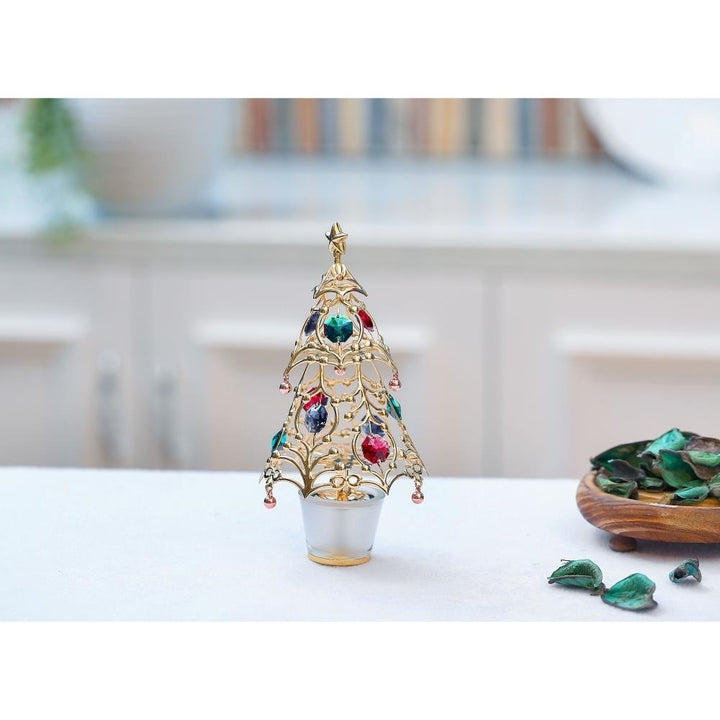 24k Gold Plated Christmas Tree Table Top Ornament with Multi Colored Crystals Image 4