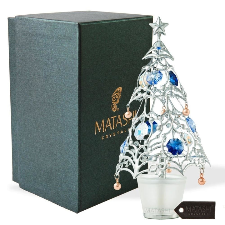 Chrome Plated Silver Christmas Tree Table Top Ornament with Blue and Clear Crystals Image 2