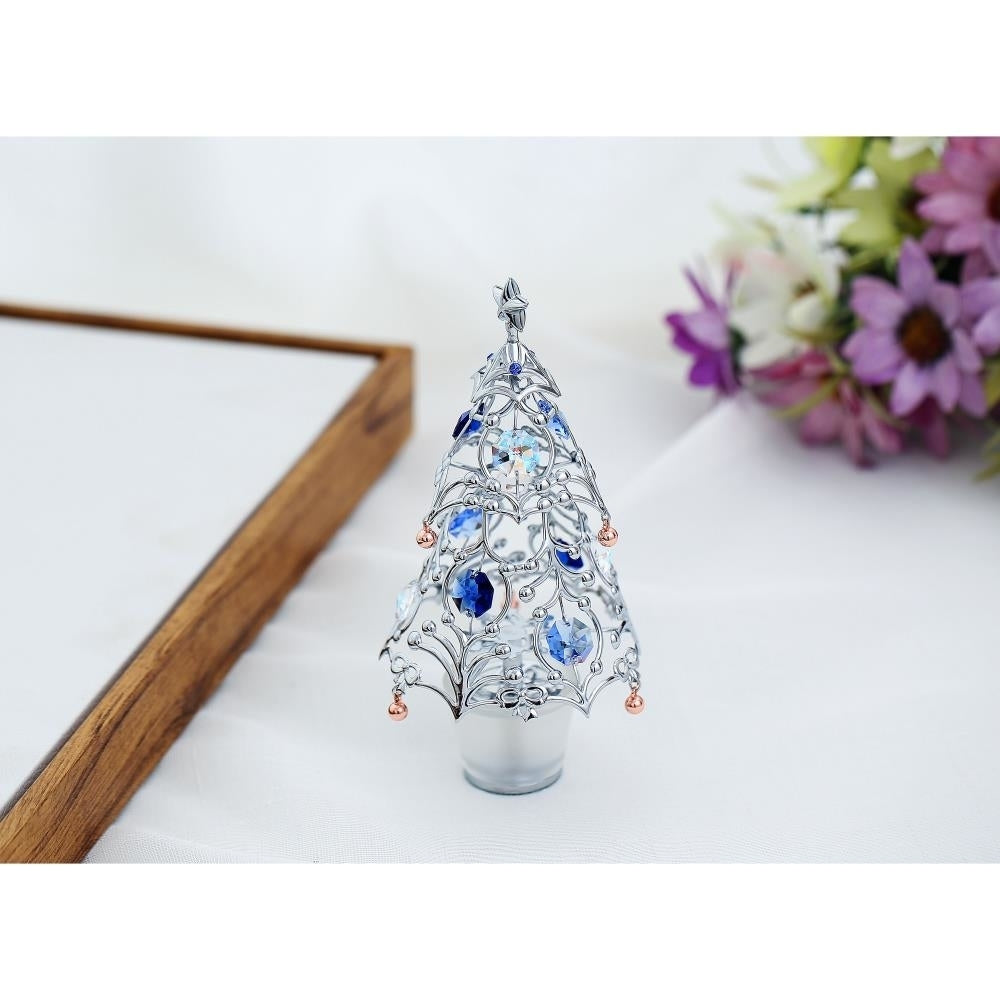 Chrome Plated Silver Christmas Tree Table Top Ornament with Blue and Clear Crystals Image 3