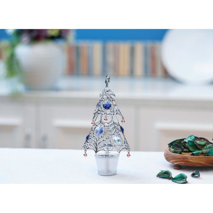 Chrome Plated Silver Christmas Tree Table Top Ornament with Blue and Clear Crystals Image 4