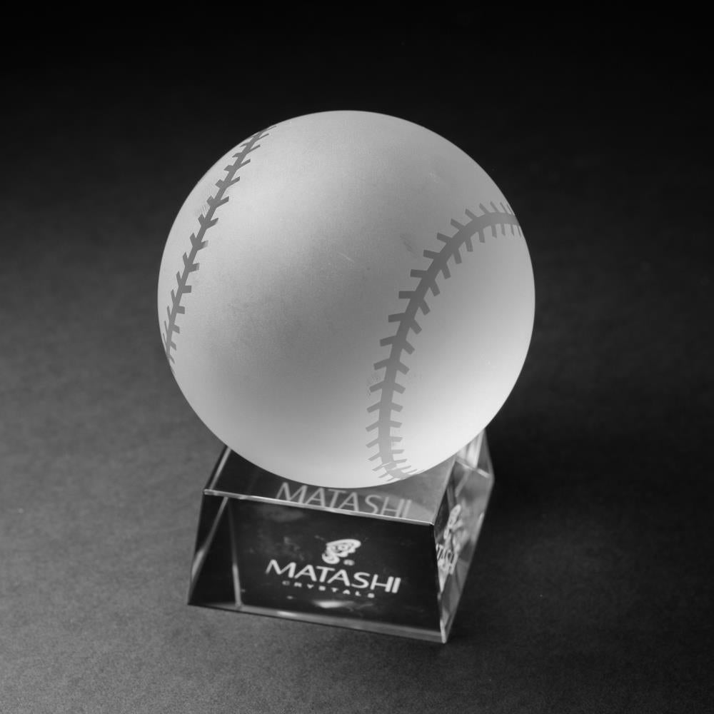 Crystal Paperweight with Etched Baseball Ornament and Trapezoid Base by Matashi Image 1