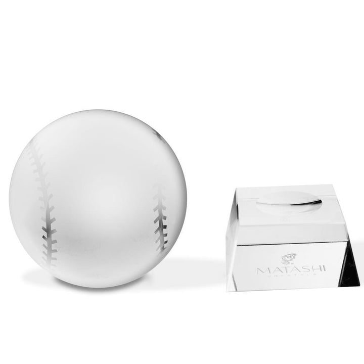 Crystal Paperweight with Etched Baseball Ornament and Trapezoid Base by Matashi Image 3