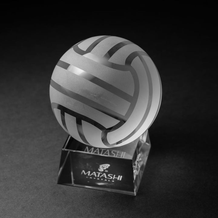 Crystal Paperweight with Etched Volley Ball Ornament and Trapezoid Base by Matashi Image 1