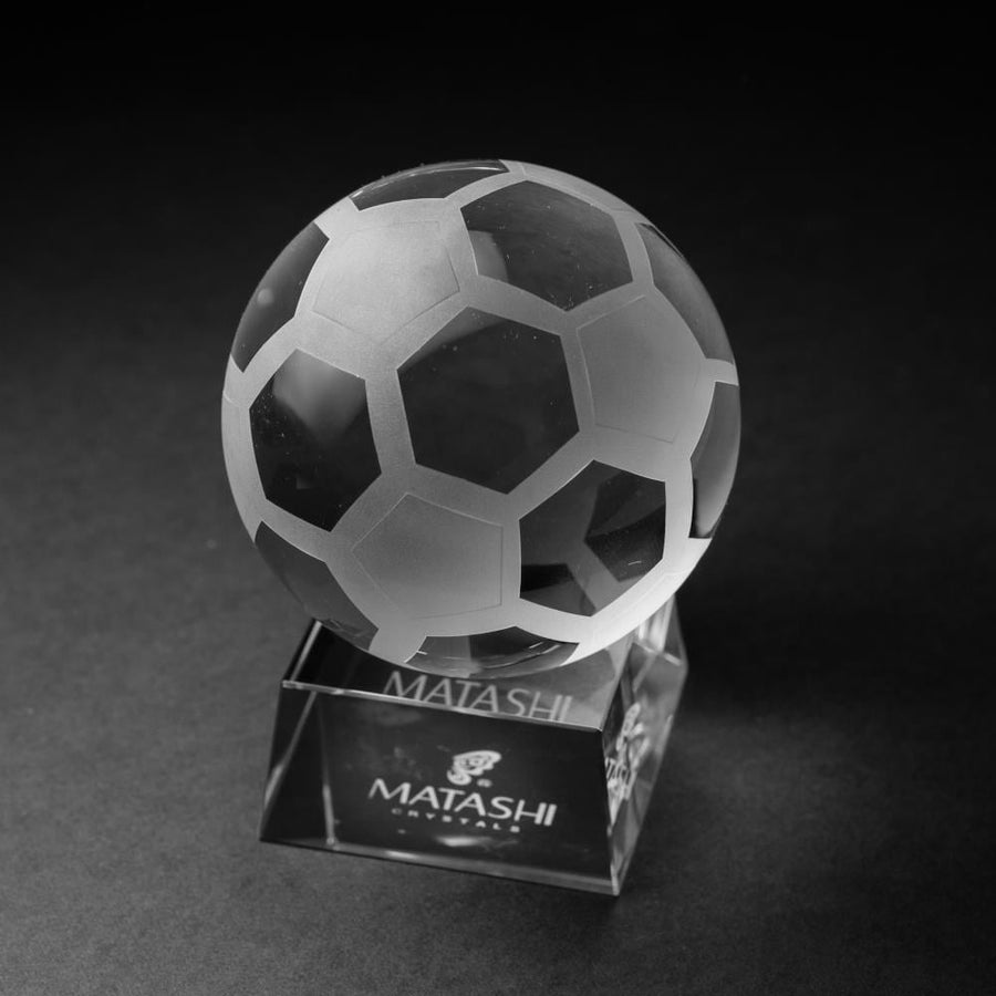 Crystal Paperweight with Etched Soccer Ball Ornament and Trapezoid Base by Matashi Image 1