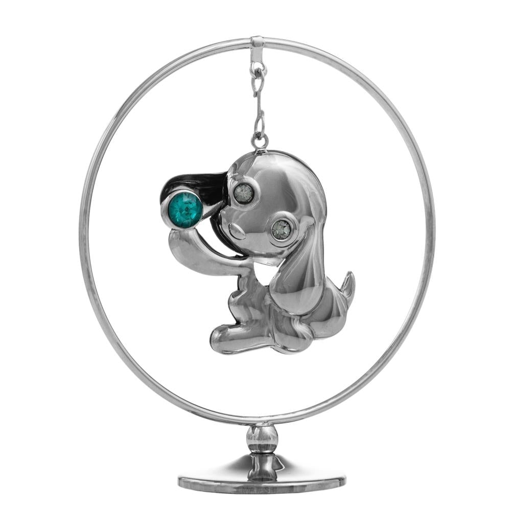 2018 Year of the Dog Chrome Plated Silver Puppy Hoop w/ Green Crystal Elegant Table Top decor Metal Dog Figurine Image 2