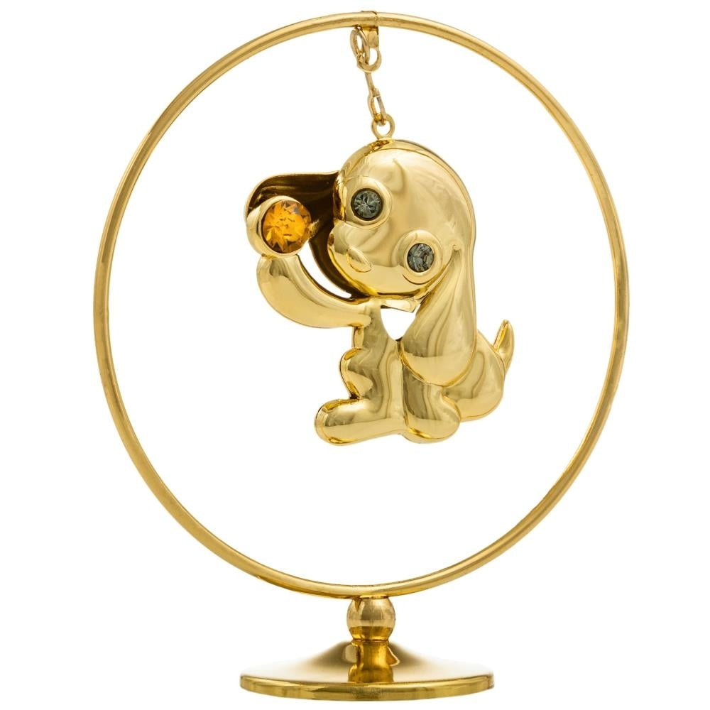 2018 Year of the Dog 24K Gold Plated Puppy Hoop w/ Gold Crystal Elegant Table Top decor Metal Dog Figurine Hanging Image 2