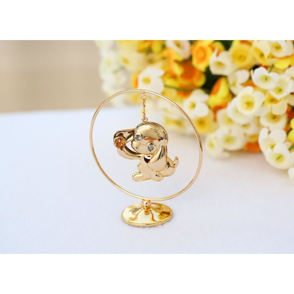 2018 Year of the Dog 24K Gold Plated Puppy Hoop w/ Gold Crystal Elegant Table Top decor Metal Dog Figurine Hanging Image 3