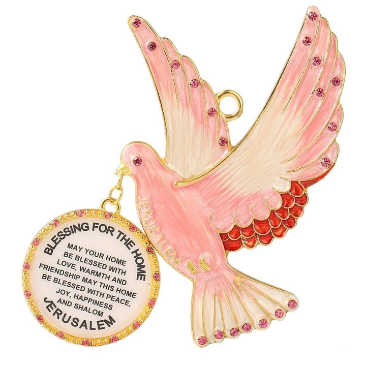 English Judaica Pink Dove Home Blessing Hanging Wall Ornament w/ Matashi Crystals (Pewter) Image 2