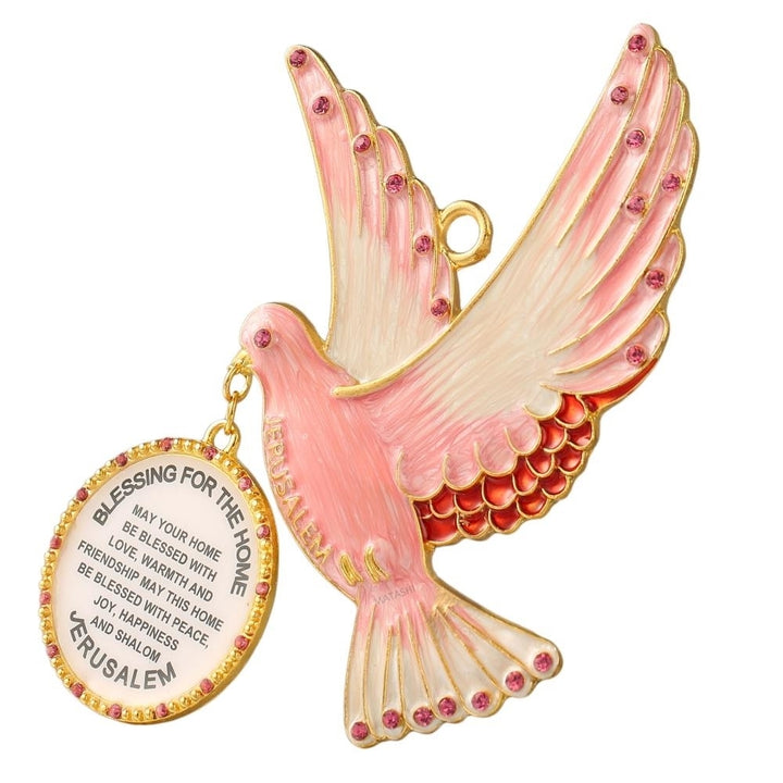 English Judaica Pink Dove Home Blessing Hanging Wall Ornament w/ Matashi Crystals (Pewter) Image 3