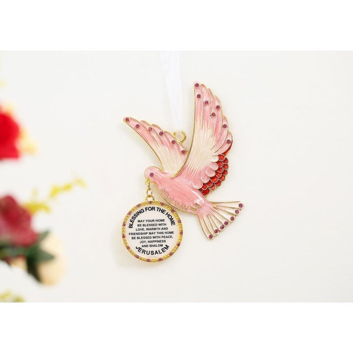 English Judaica Pink Dove Home Blessing Hanging Wall Ornament w/ Matashi Crystals (Pewter) Image 4