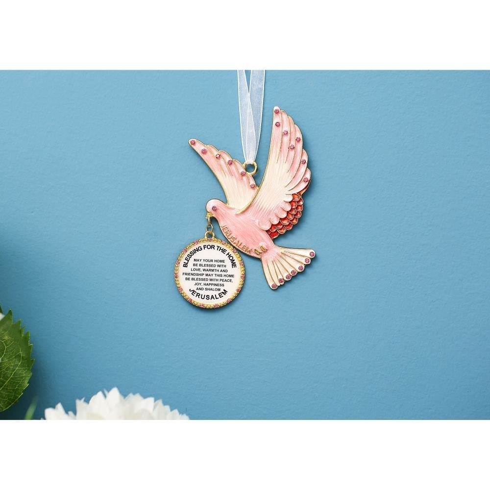 English Judaica Pink Dove Home Blessing Hanging Wall Ornament w/ Matashi Crystals (Pewter) Image 5