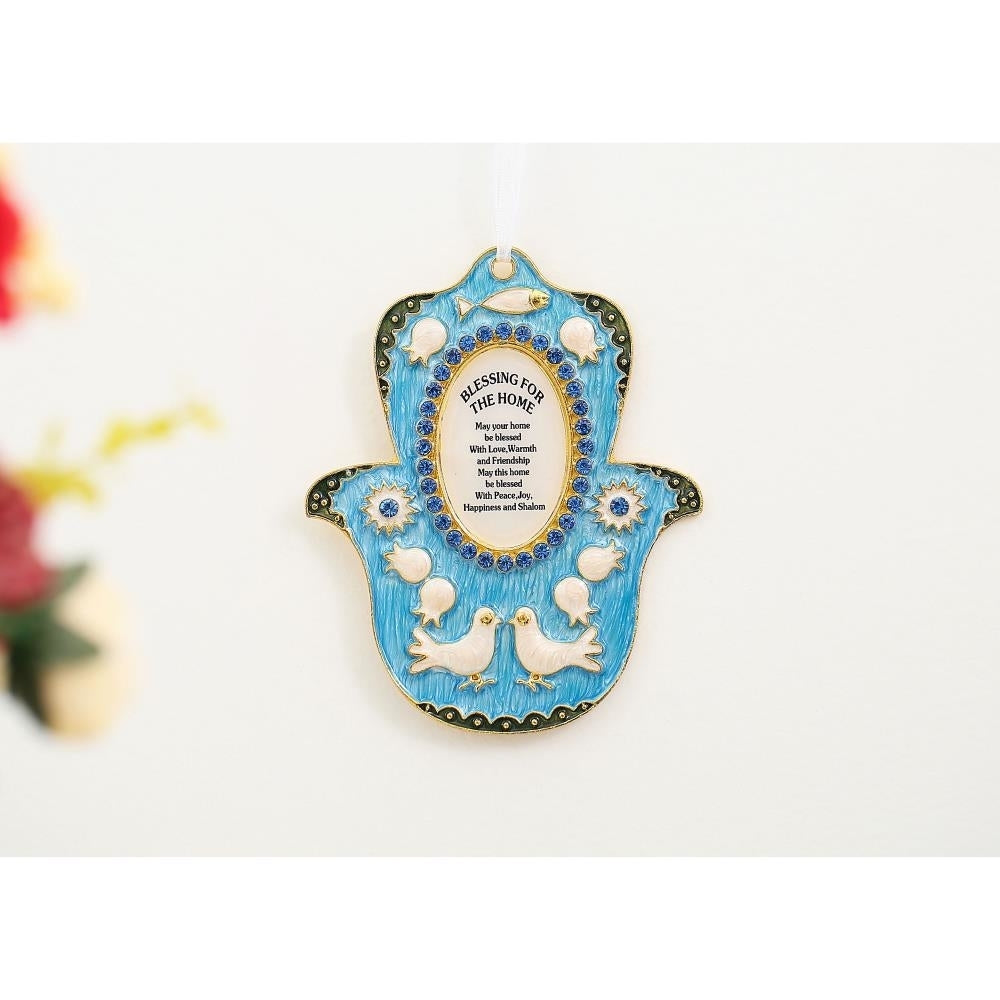 English Judaica Hamsa Shaped Home Blessing Hanging Wall Ornament w/ Matashi Crystals (Pewter) Image 4