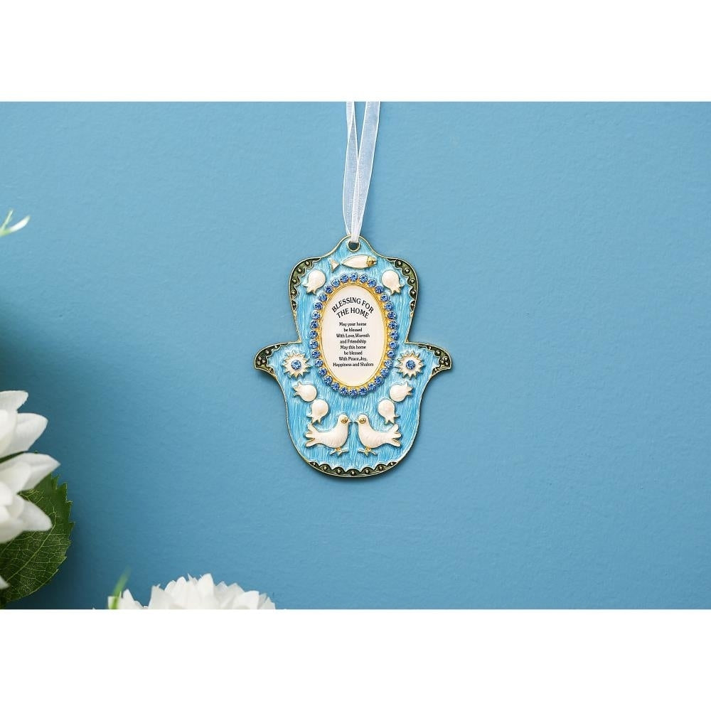 English Judaica Hamsa Shaped Home Blessing Hanging Wall Ornament w/ Matashi Crystals (Pewter) Image 5