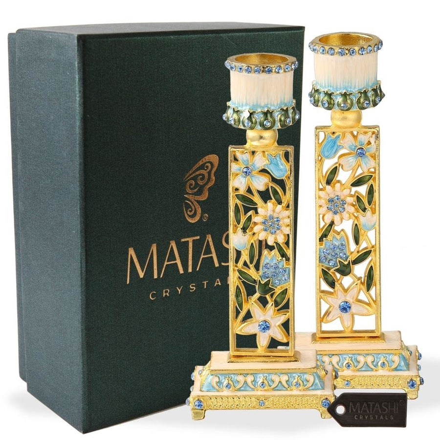 Shabbat Candlestick (2-Piece Set) Hand-Painted Gold-Plated Pewter Tall Vintage Craftsmanship Adorned w/ Blue Flowers Image 1