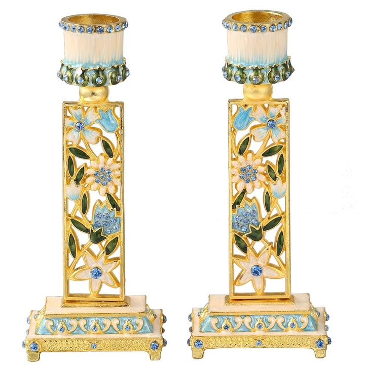 Shabbat Candlestick (2-Piece Set) Hand-Painted Gold-Plated Pewter Tall Vintage Craftsmanship Adorned w/ Blue Flowers Image 2