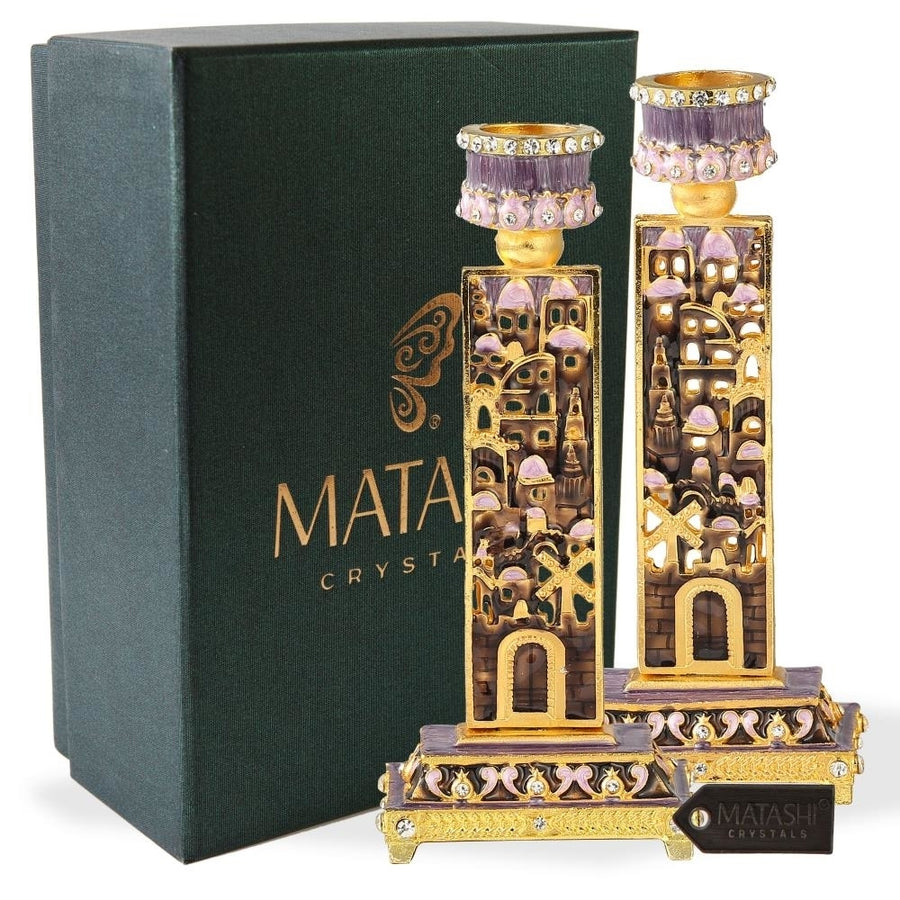 Shabbat Candlestick (2-Piece Set) Hand-Painted Gold-Plated Pewter Tall Vintage Craftsmanship Adorned w/ City Wall Image 1