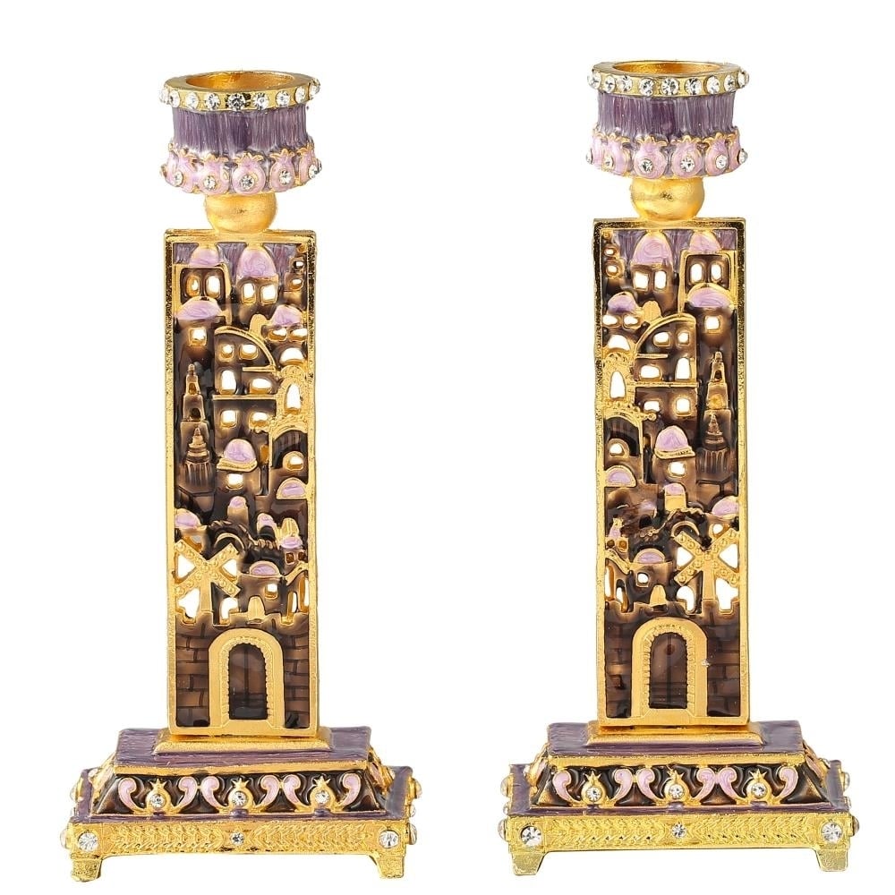 Shabbat Candlestick (2-Piece Set) Hand-Painted Gold-Plated Pewter Tall Vintage Craftsmanship Adorned w/ City Wall Image 2