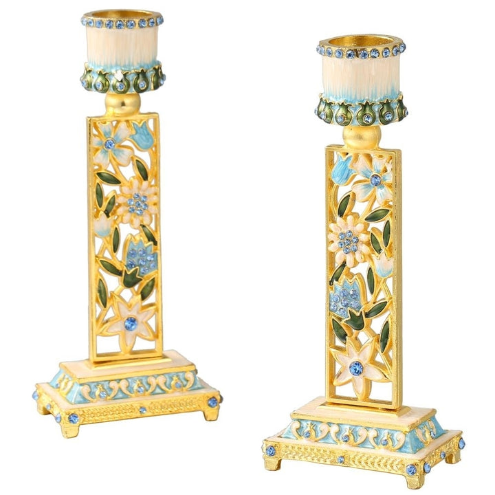 Shabbat Candlestick (2-Piece Set) Hand-Painted Gold-Plated Pewter Tall Vintage Craftsmanship Adorned w/ Blue Flowers Image 3