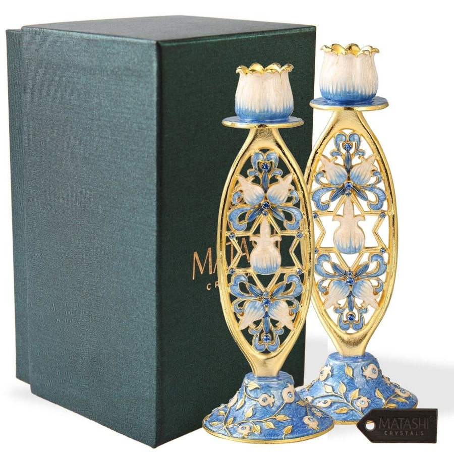 Shabbat Candlestick (2-Piece Set) Hand-Painted Gold-Plated Pewter Tall Vintage Craftsmanship Adorned w/ Blue Flowers Image 1