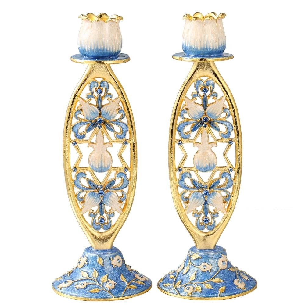 Shabbat Candlestick (2-Piece Set) Hand-Painted Gold-Plated Pewter Tall Vintage Craftsmanship Adorned w/ Blue Flowers Image 2