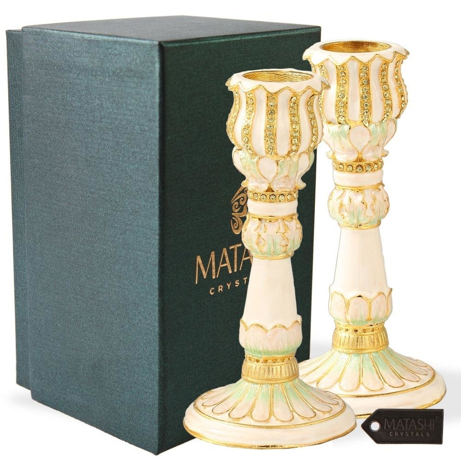 Shabbat Candlestick (2-Piece Set) Hand-Painted Gold-Plated Pewter Tall Vintage Craftsmanship Ivory with Petal Design Image 1