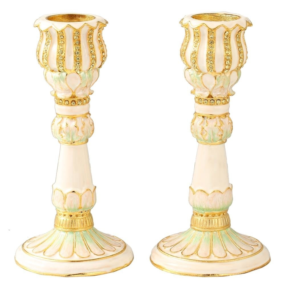 Shabbat Candlestick (2-Piece Set) Hand-Painted Gold-Plated Pewter Tall Vintage Craftsmanship Ivory with Petal Design Image 2