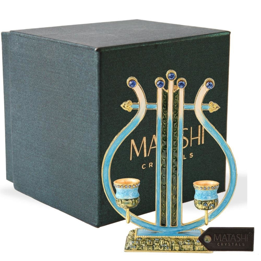 Matashi Oil Candle Holders Displays 2 Candles Blue and Green Colors Intricate Details with Matashi Crystals Vintage Image 1