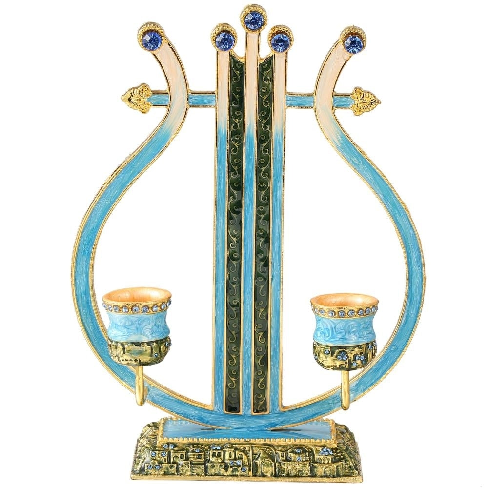 Matashi Oil Candle Holders Displays 2 Candles Blue and Green Colors Intricate Details with Matashi Crystals Vintage Image 2