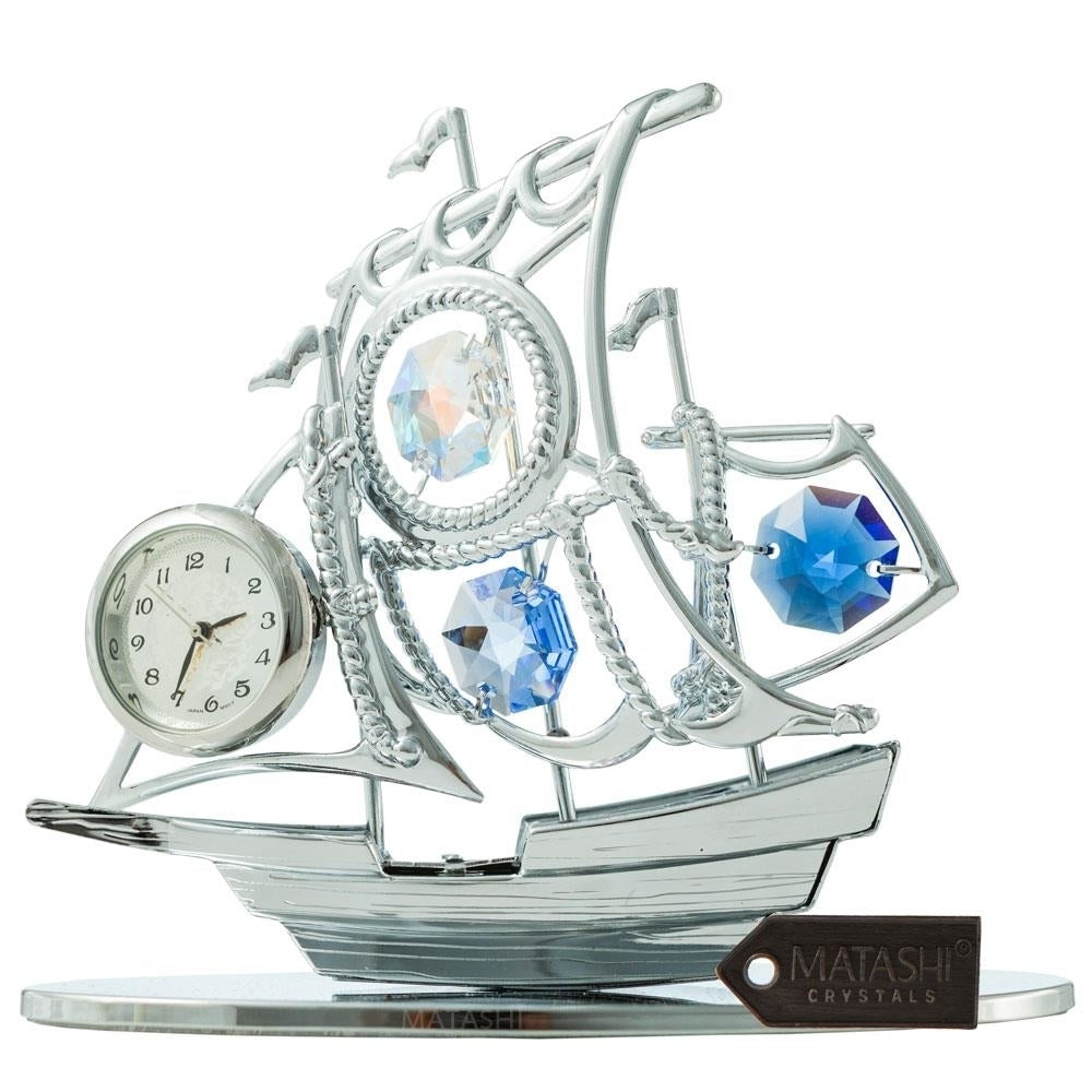 Chrome Plated Silver Sailboat Tabletop Ornament with Clock with Matashi Blue Crystals Precision Analog Time Keeping Image 1